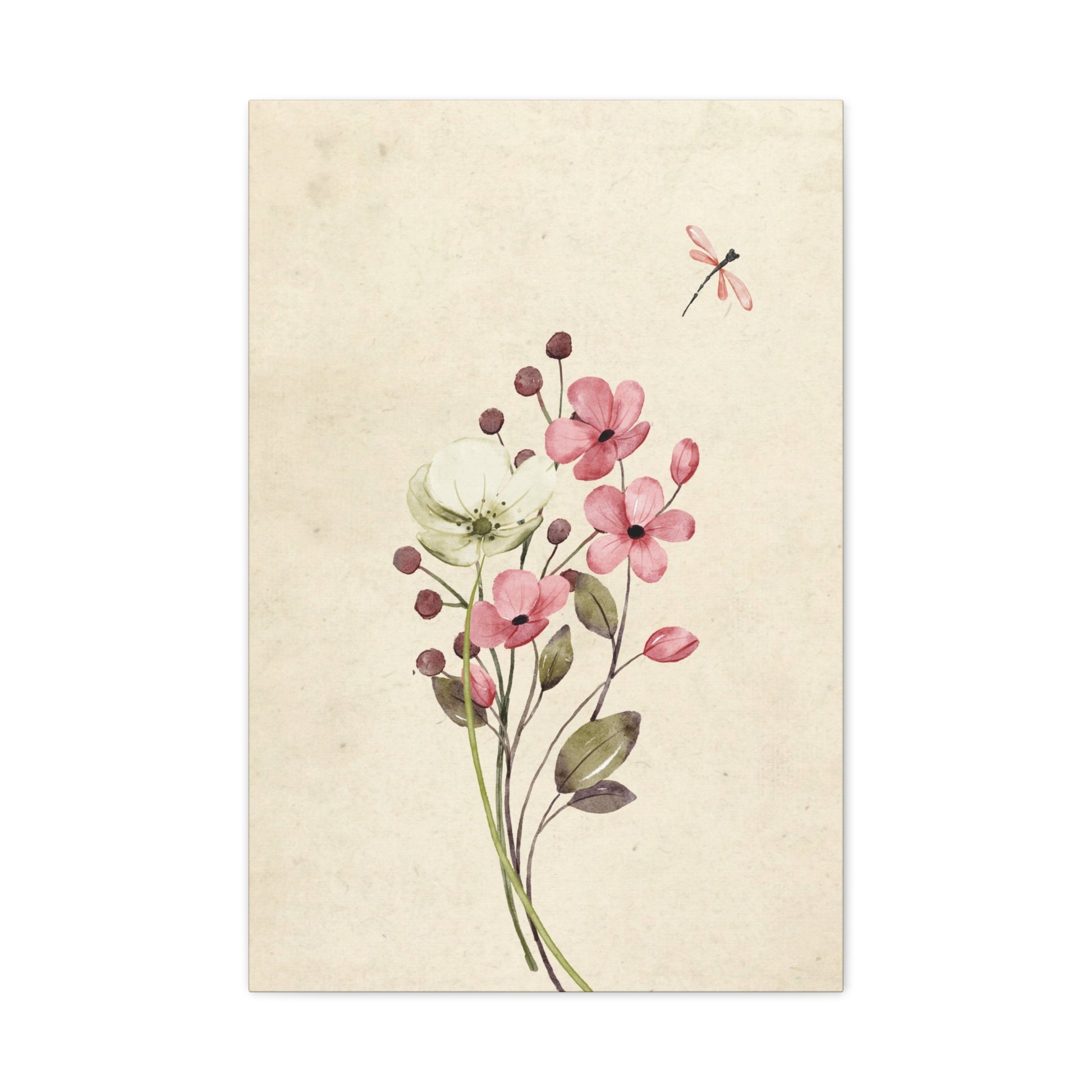 Vintage Wildflower Dragonfly Canvas Wall Art Vertical - Canvasses