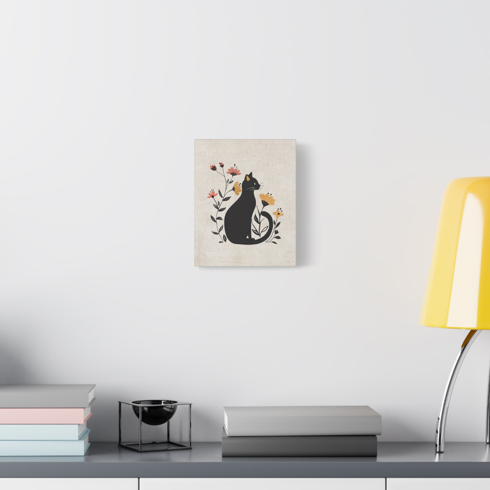 Floral Cat Silhouette Canvas Wall Art Vertical - Canvasses