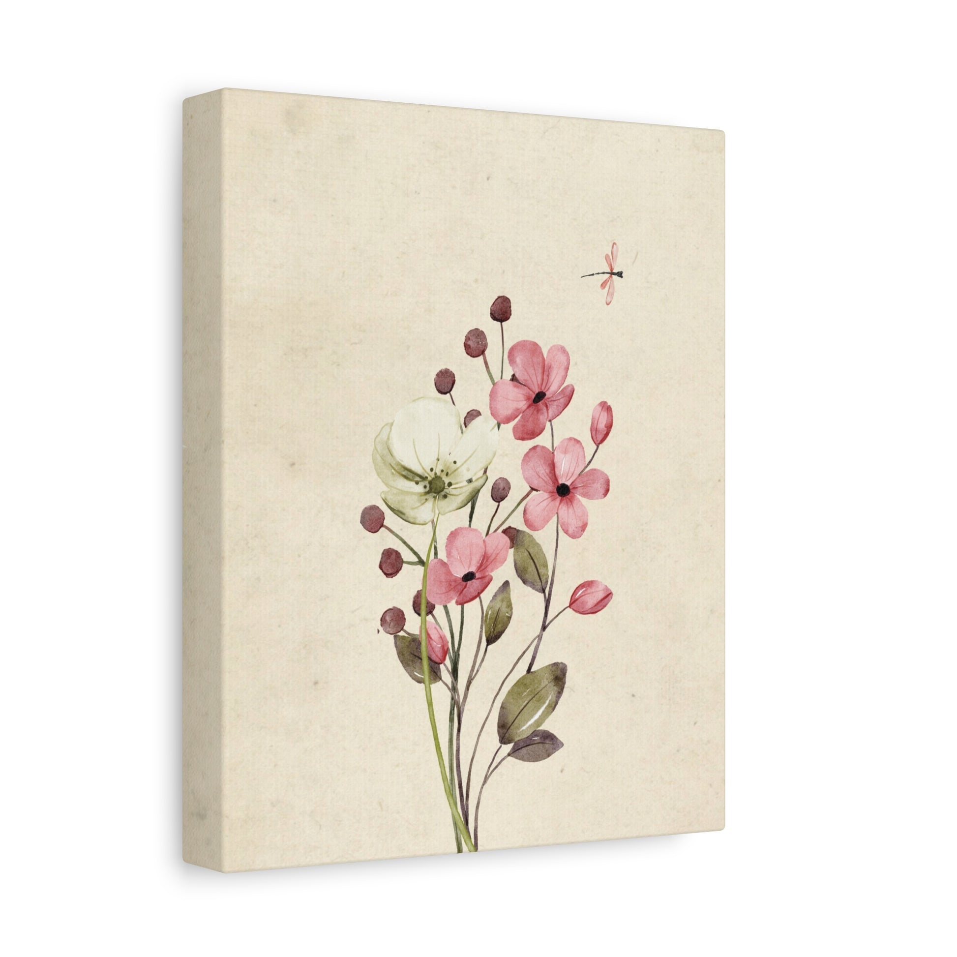 Vintage Wildflower Dragonfly Canvas Wall Art Vertical - Canvasses