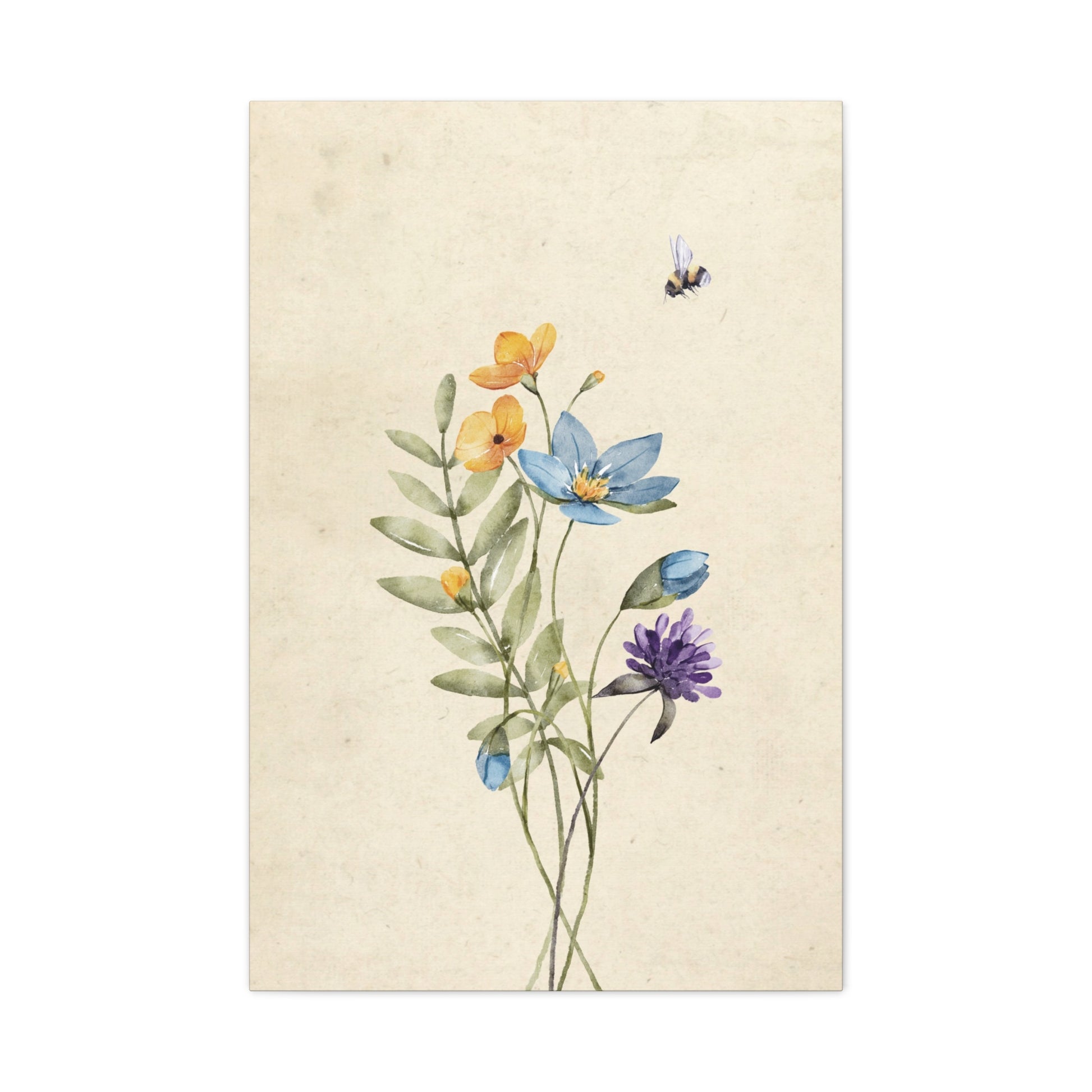 Vintage Wildflower Bee Canvas Wall Art Vertical - Canvasses