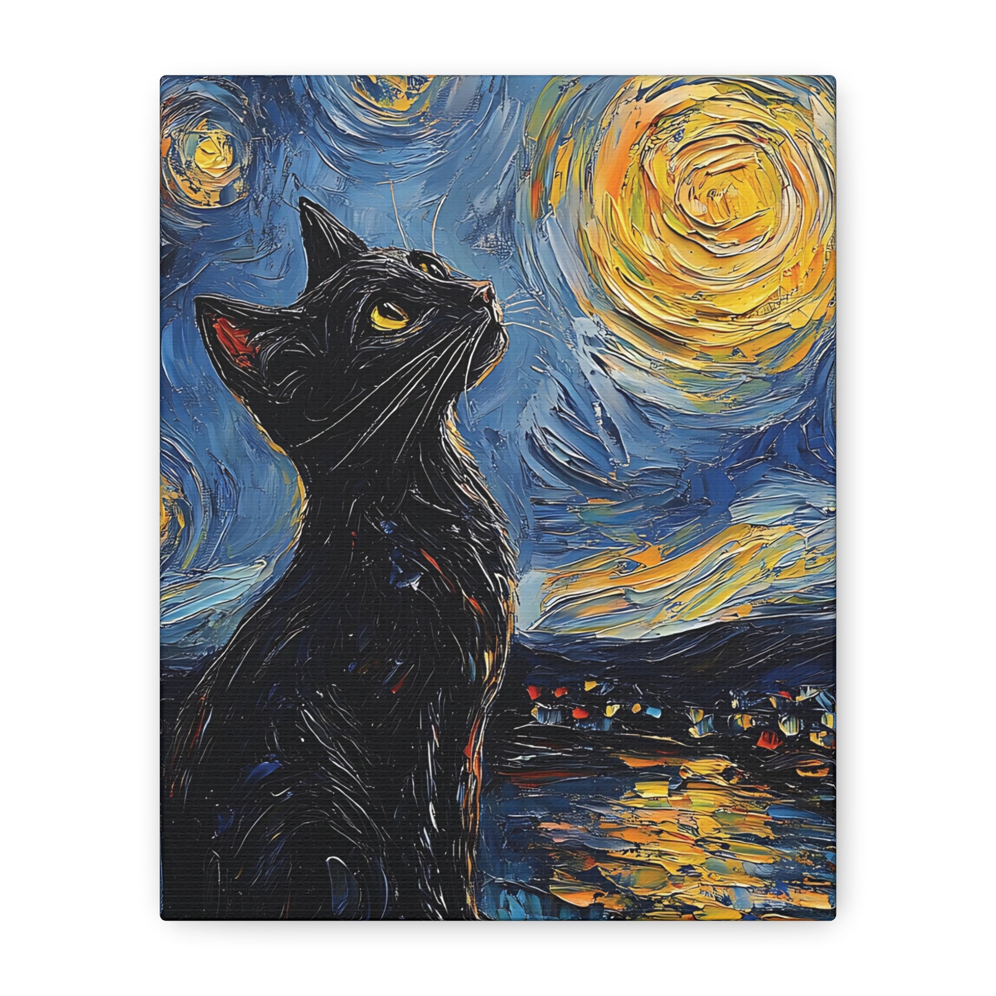 Black Starry Cat Canvas Wall Art Vertical - Canvasses