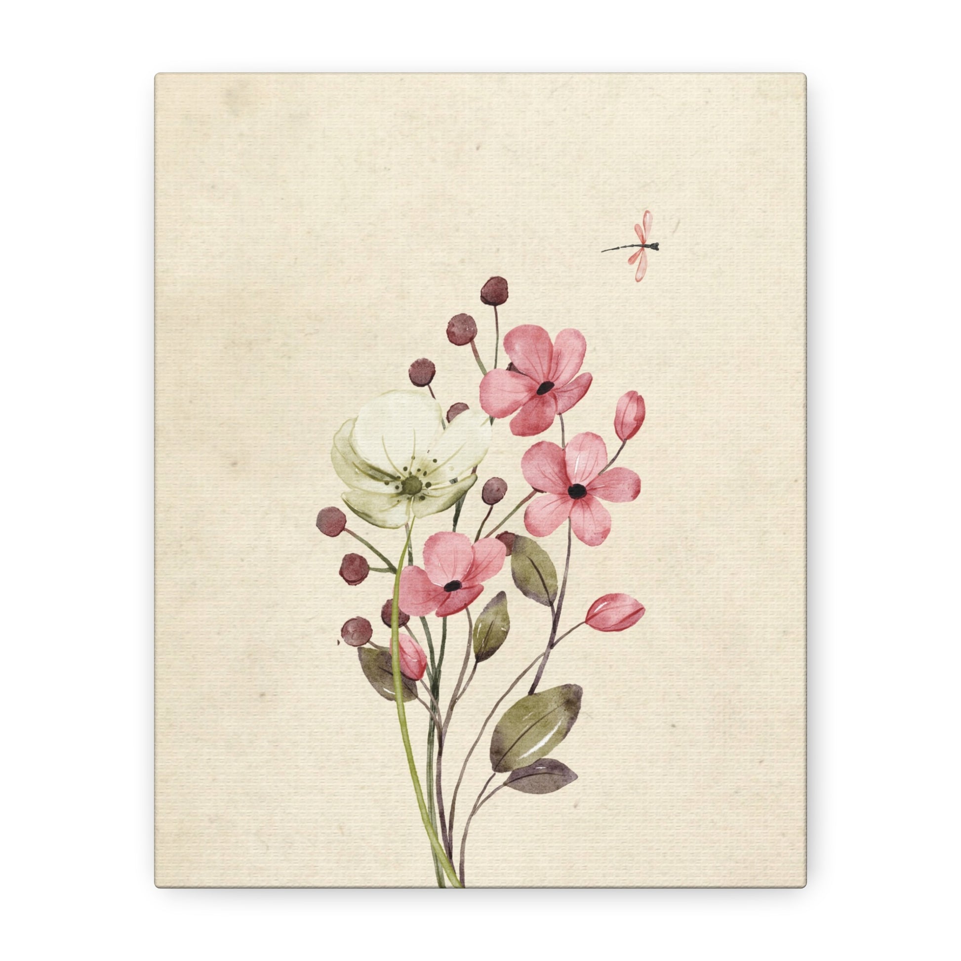 Vintage Wildflower Dragonfly Canvas Wall Art Vertical - Canvasses