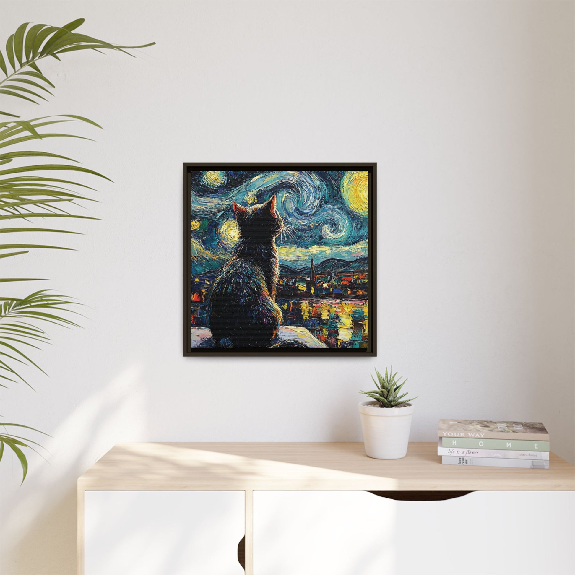 Starry Cat Framed Canvas Wall Art Square - Canvasses