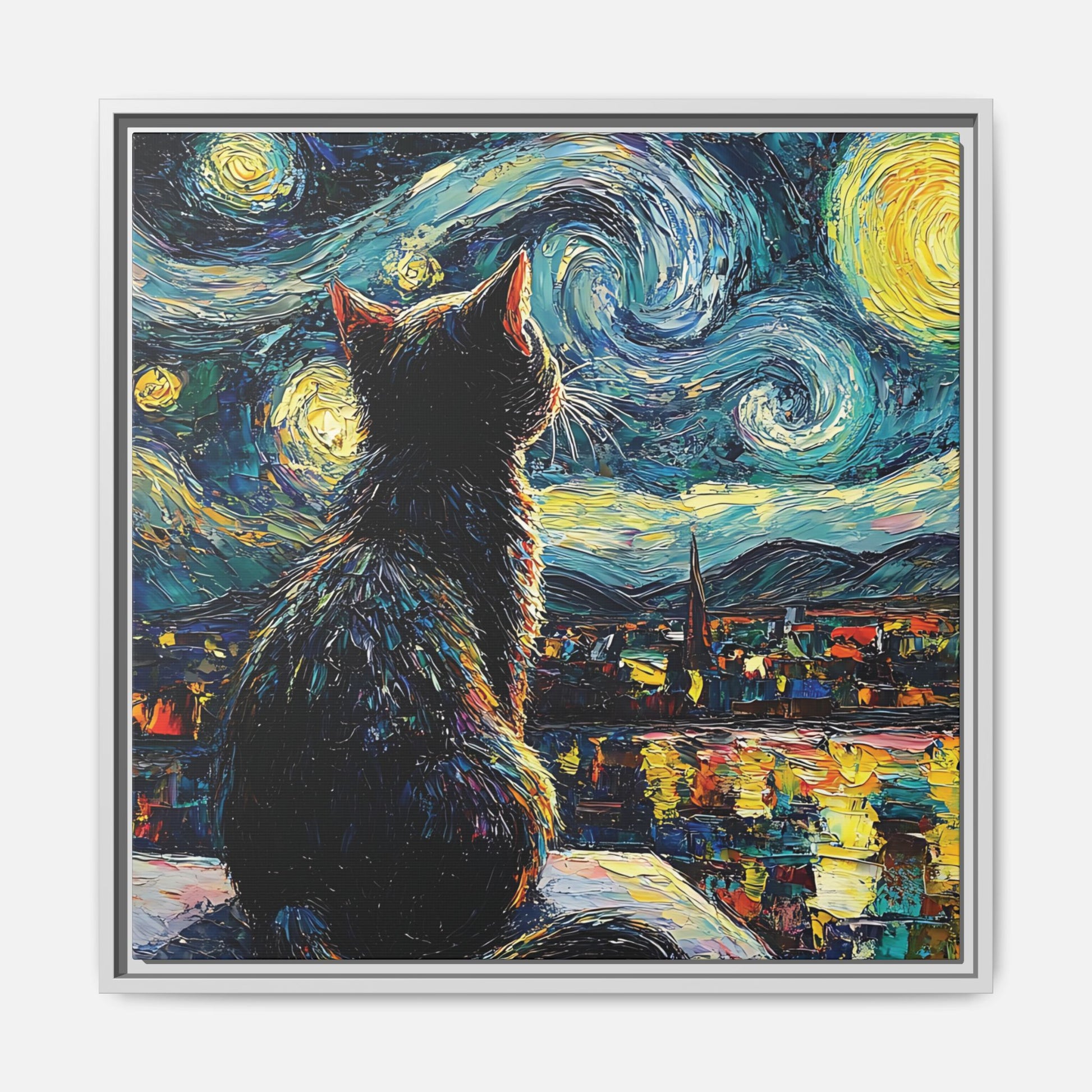 Starry Cat Framed Canvas Wall Art Square - Canvasses