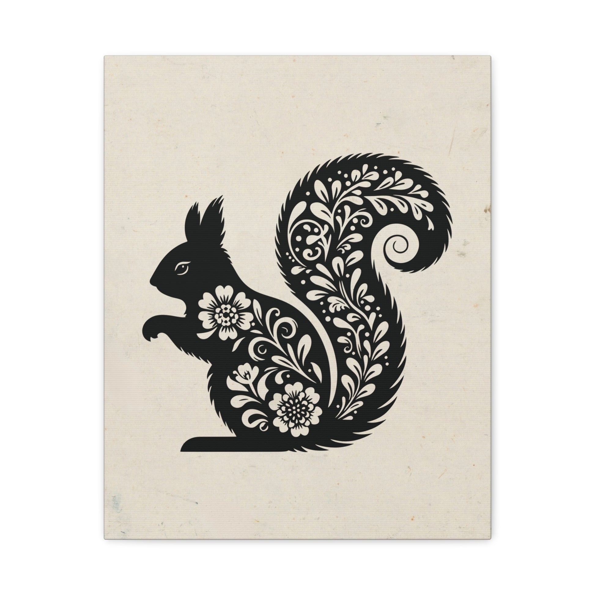 Floral Squirrel Silhouette Canvas Wall Art Vertical - Canvasses