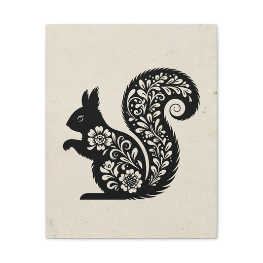 Floral Squirrel Silhouette Canvas Wall Art Vertical - Canvasses