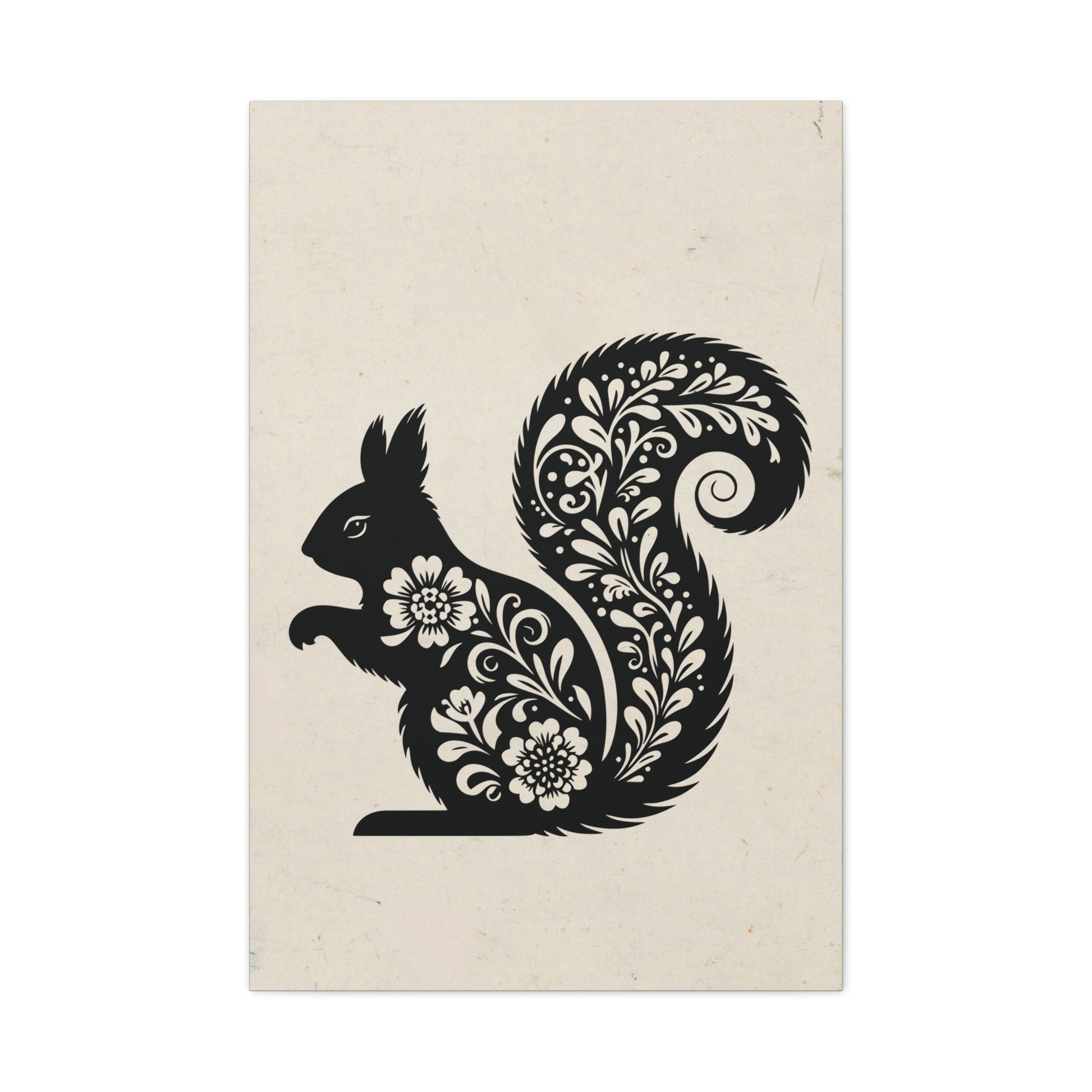 Floral Squirrel Silhouette Canvas Wall Art Vertical - Canvasses