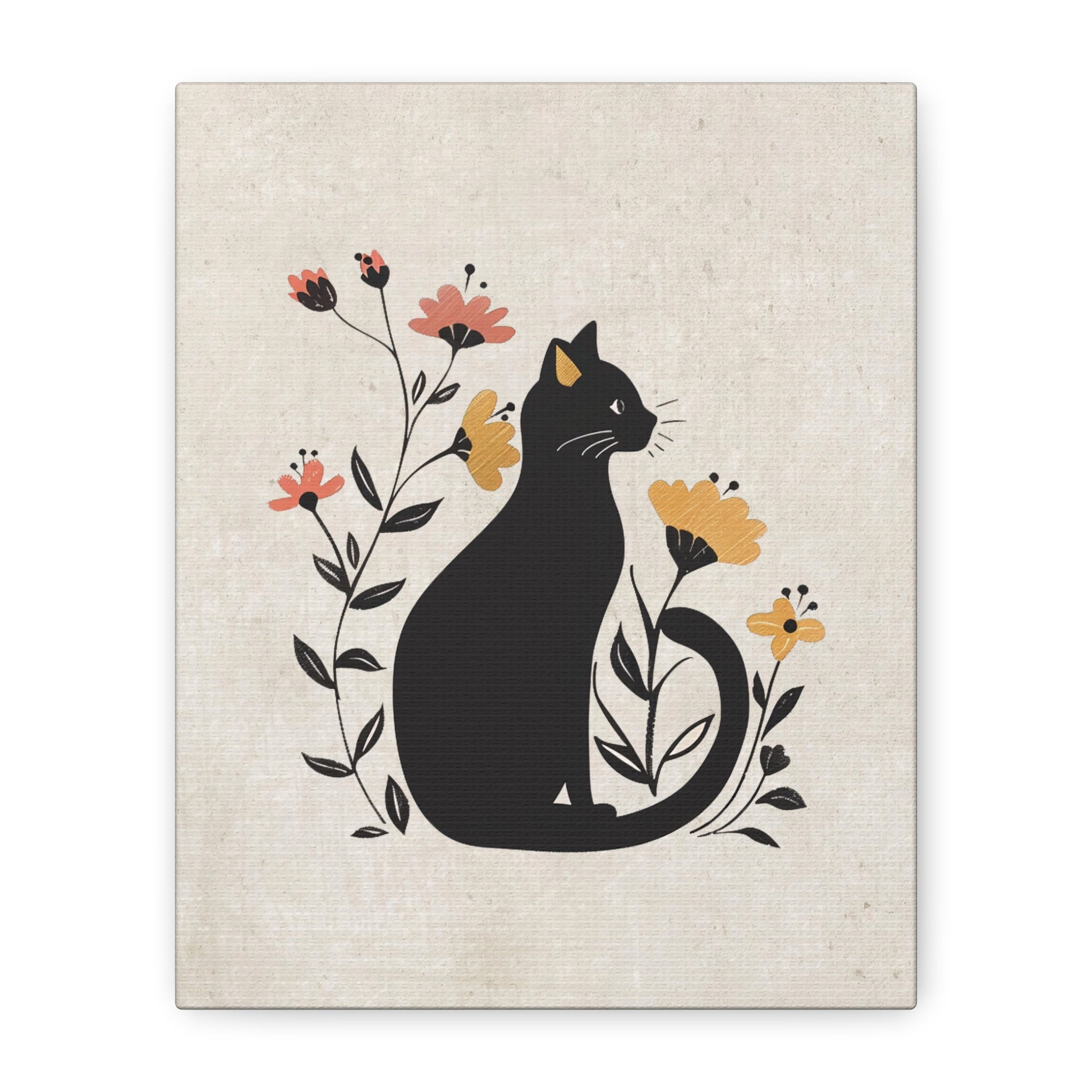 Floral Cat Silhouette Canvas Wall Art Vertical - Canvasses