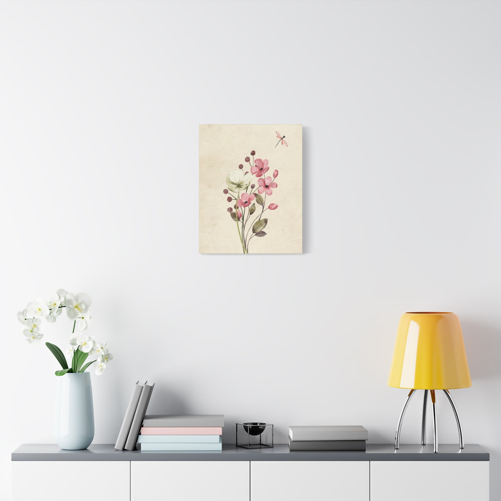 Vintage Wildflower Dragonfly Canvas Wall Art Vertical - Canvasses