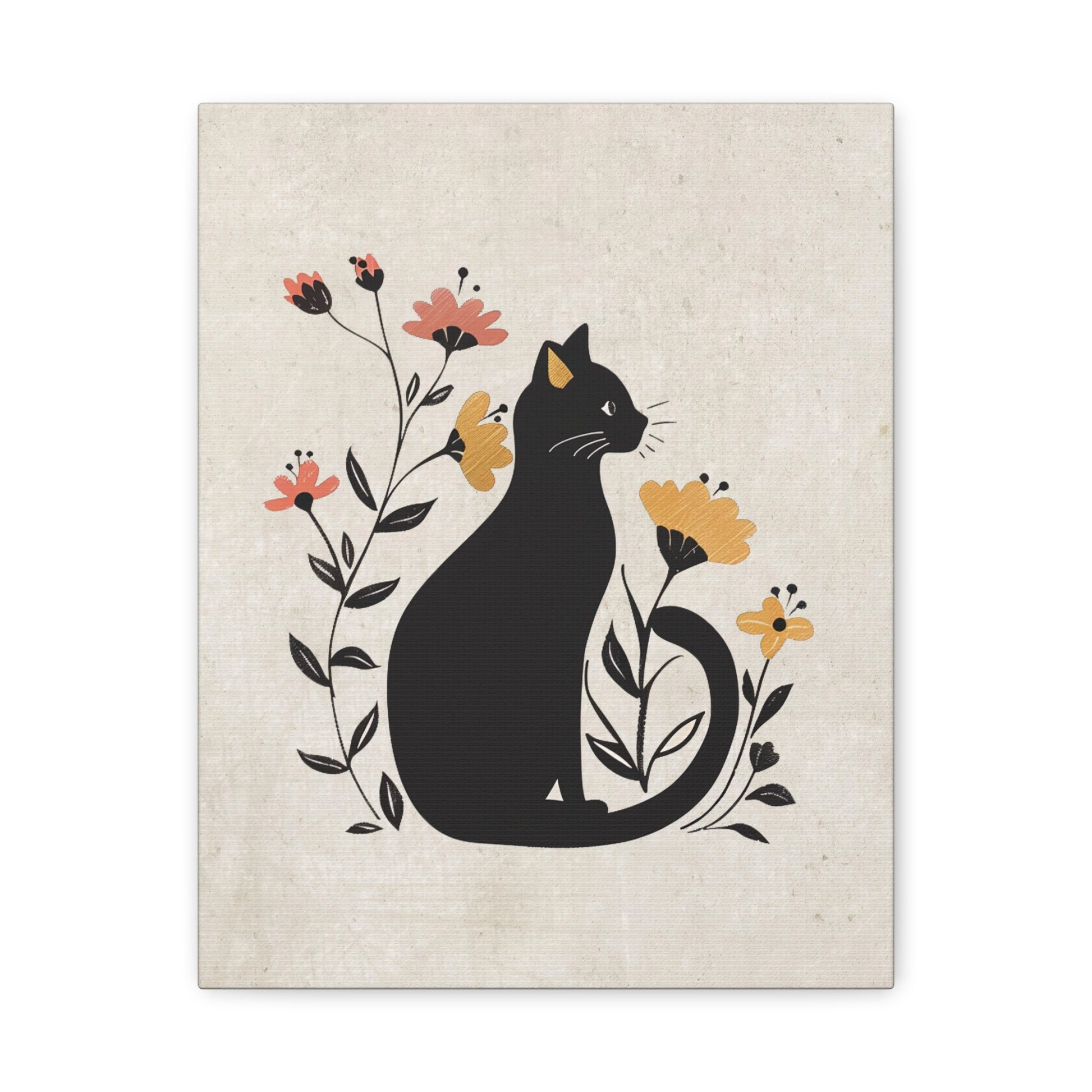 Floral Cat Silhouette Canvas Wall Art Vertical - Canvasses