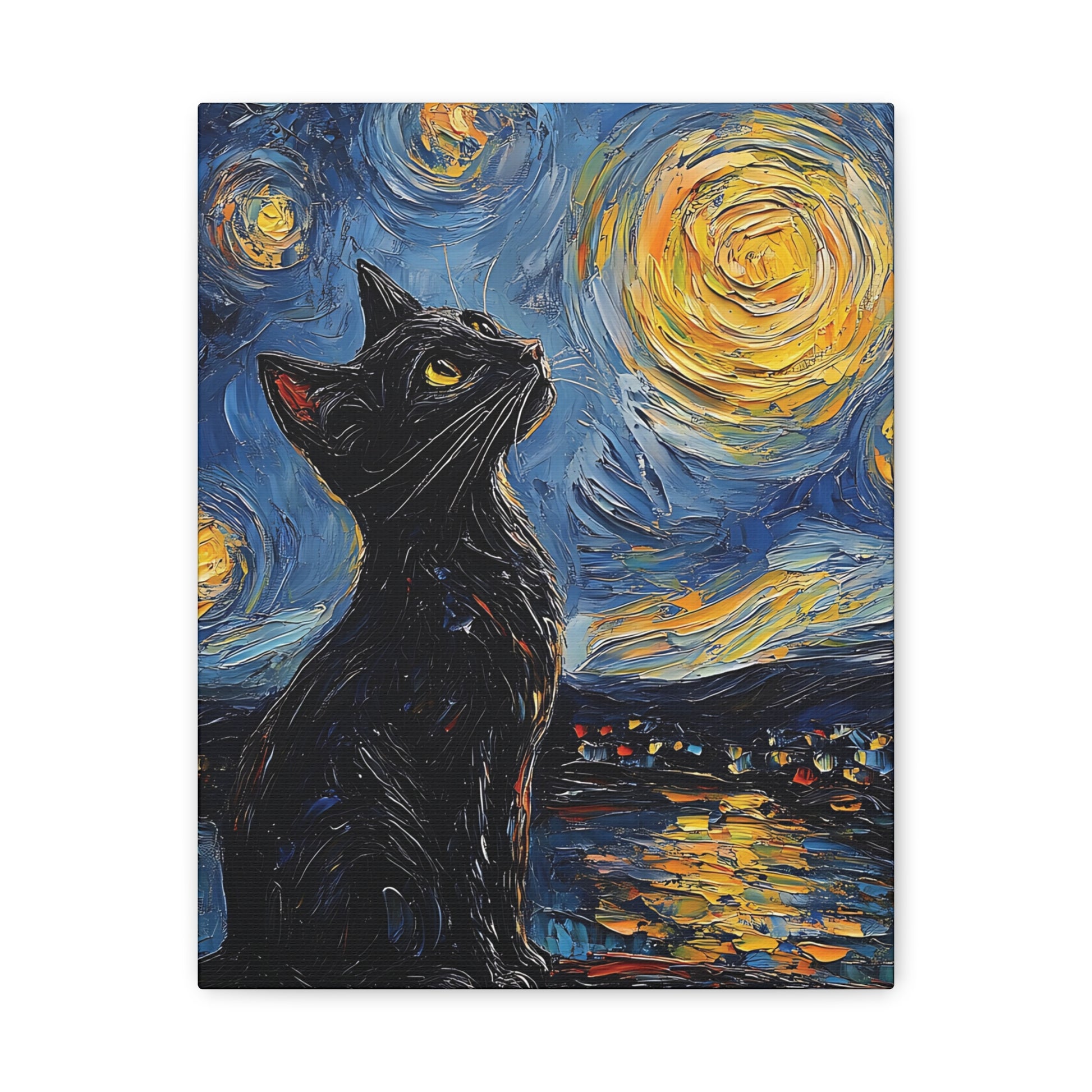 Black Starry Cat Canvas Wall Art Vertical - Canvasses