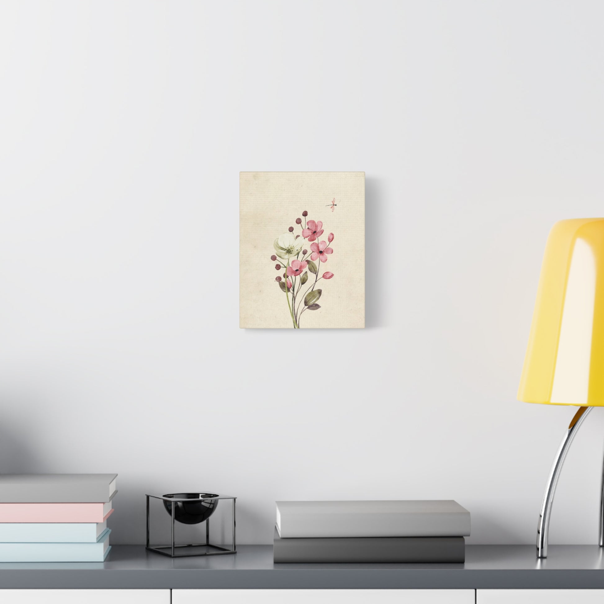 Vintage Wildflower Dragonfly Canvas Wall Art Vertical - Canvasses