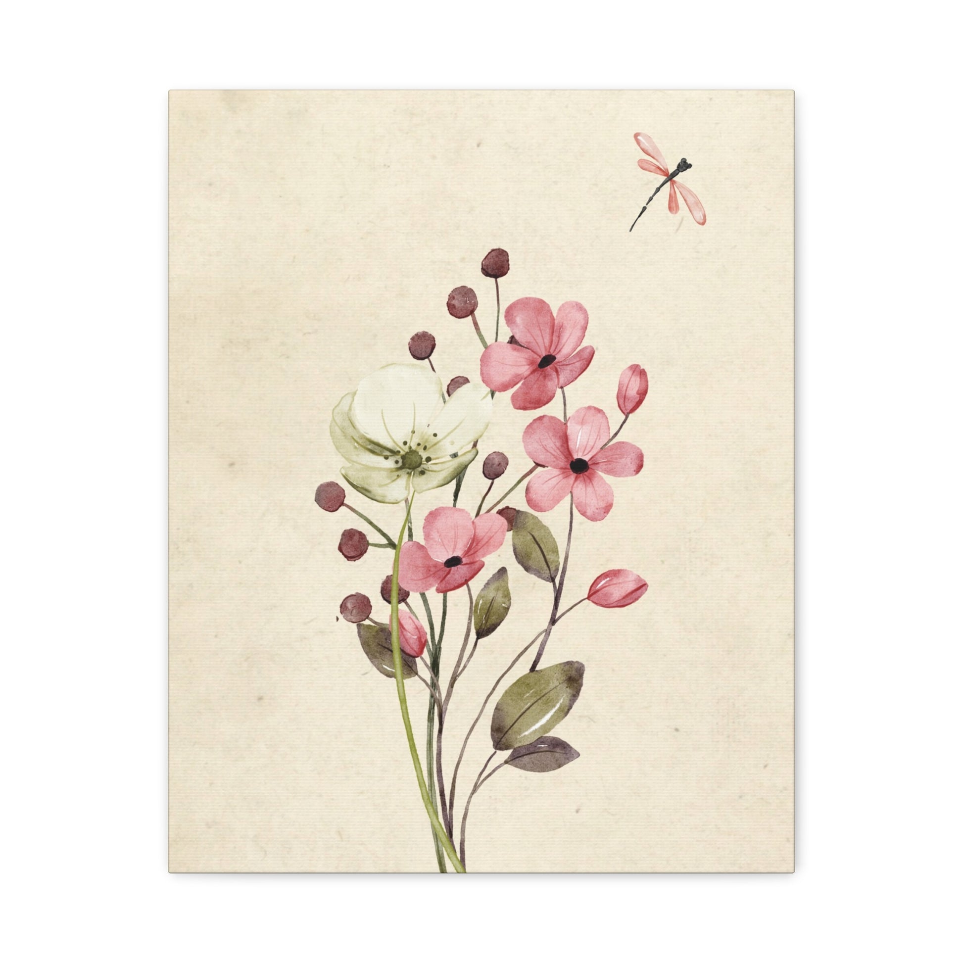Vintage Wildflower Dragonfly Canvas Wall Art Vertical - Canvasses