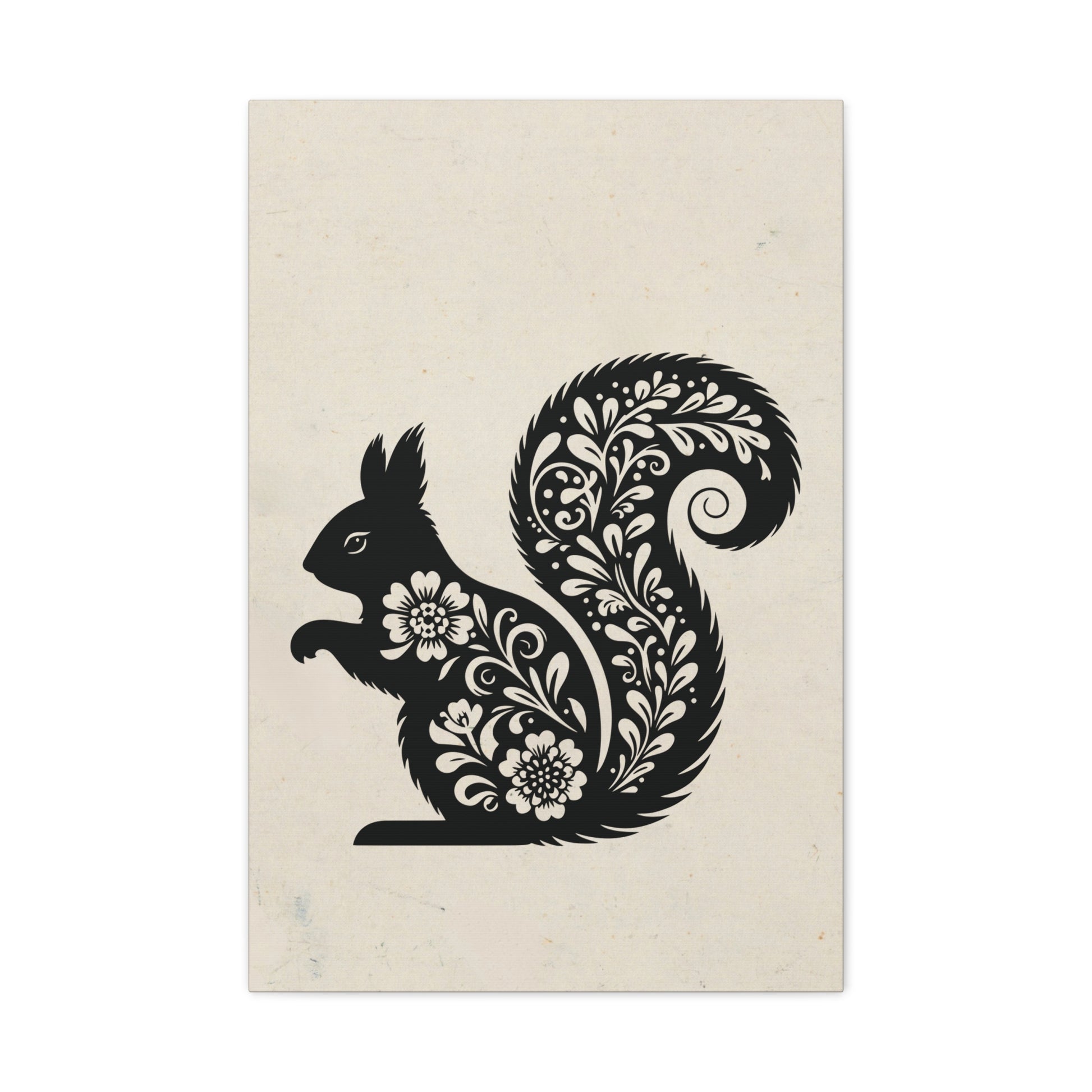 Floral Squirrel Silhouette Canvas Wall Art Vertical - Canvasses