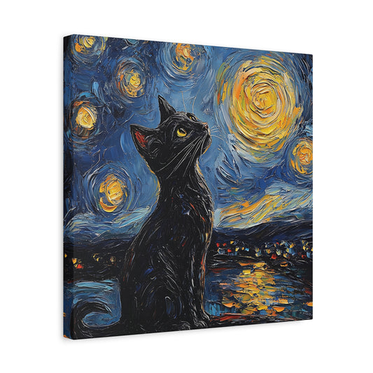 Black Starry Cat Canvas Wall Art Square - Canvasses