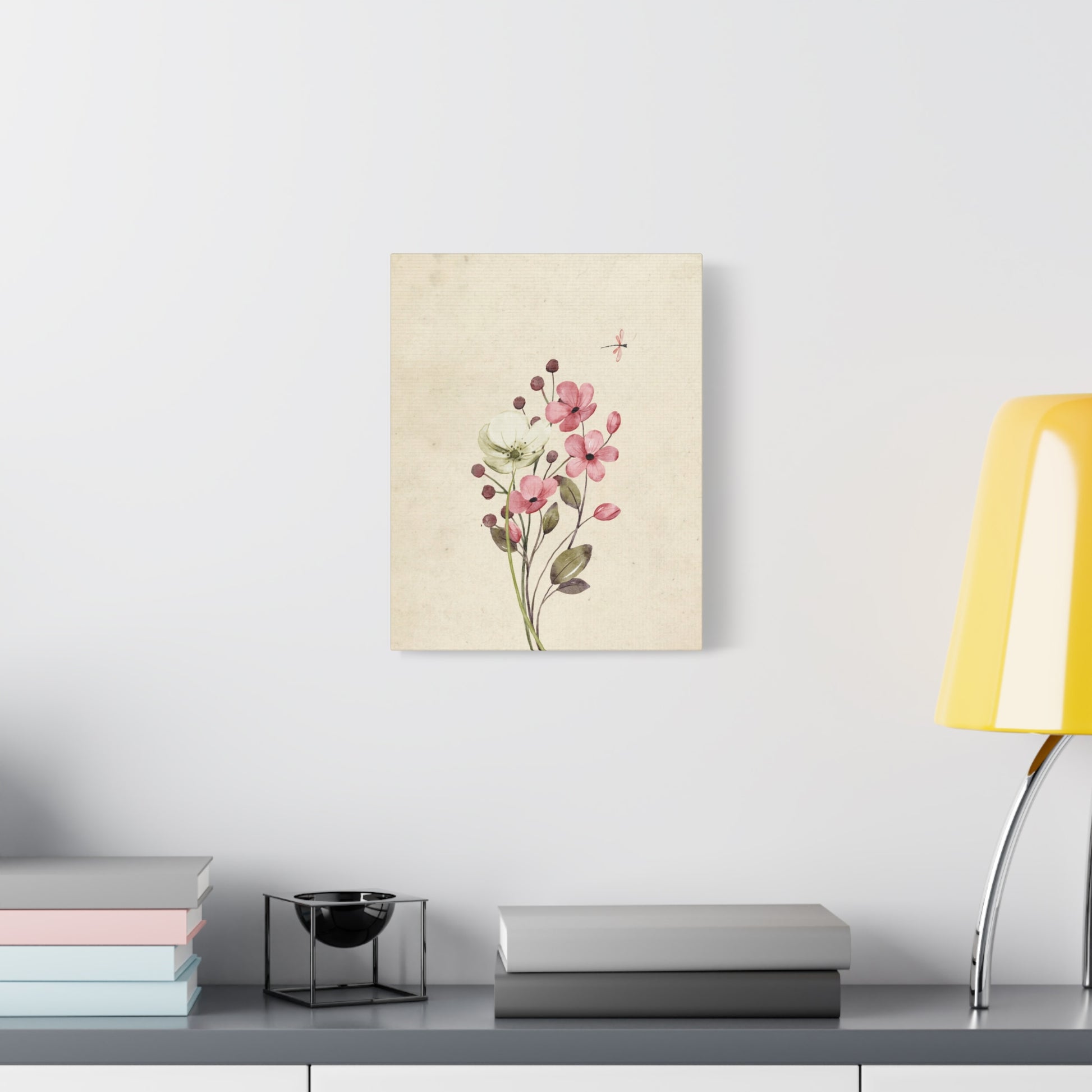 Vintage Wildflower Dragonfly Canvas Wall Art Vertical - Canvasses