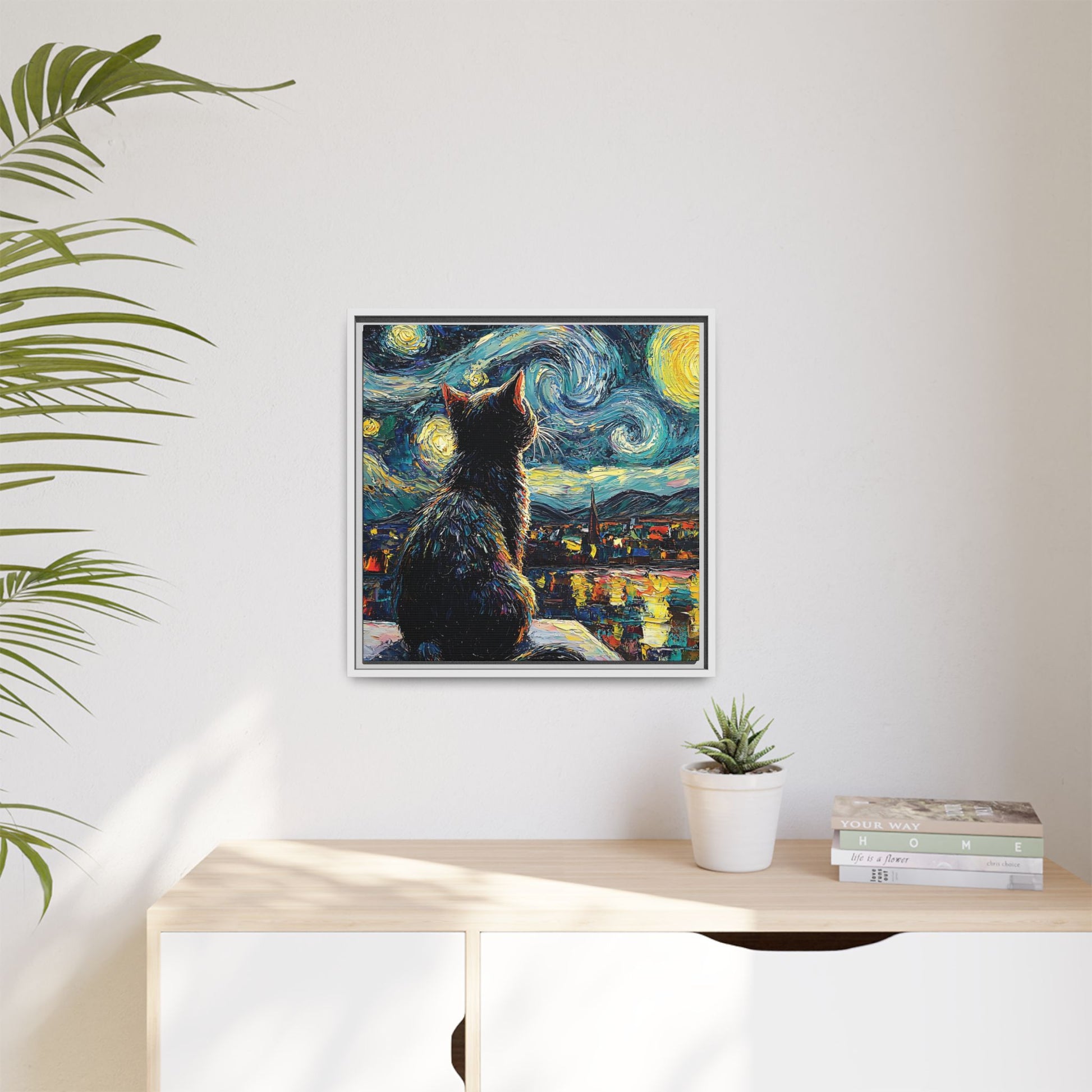 Starry Cat Framed Canvas Wall Art Square - Canvasses