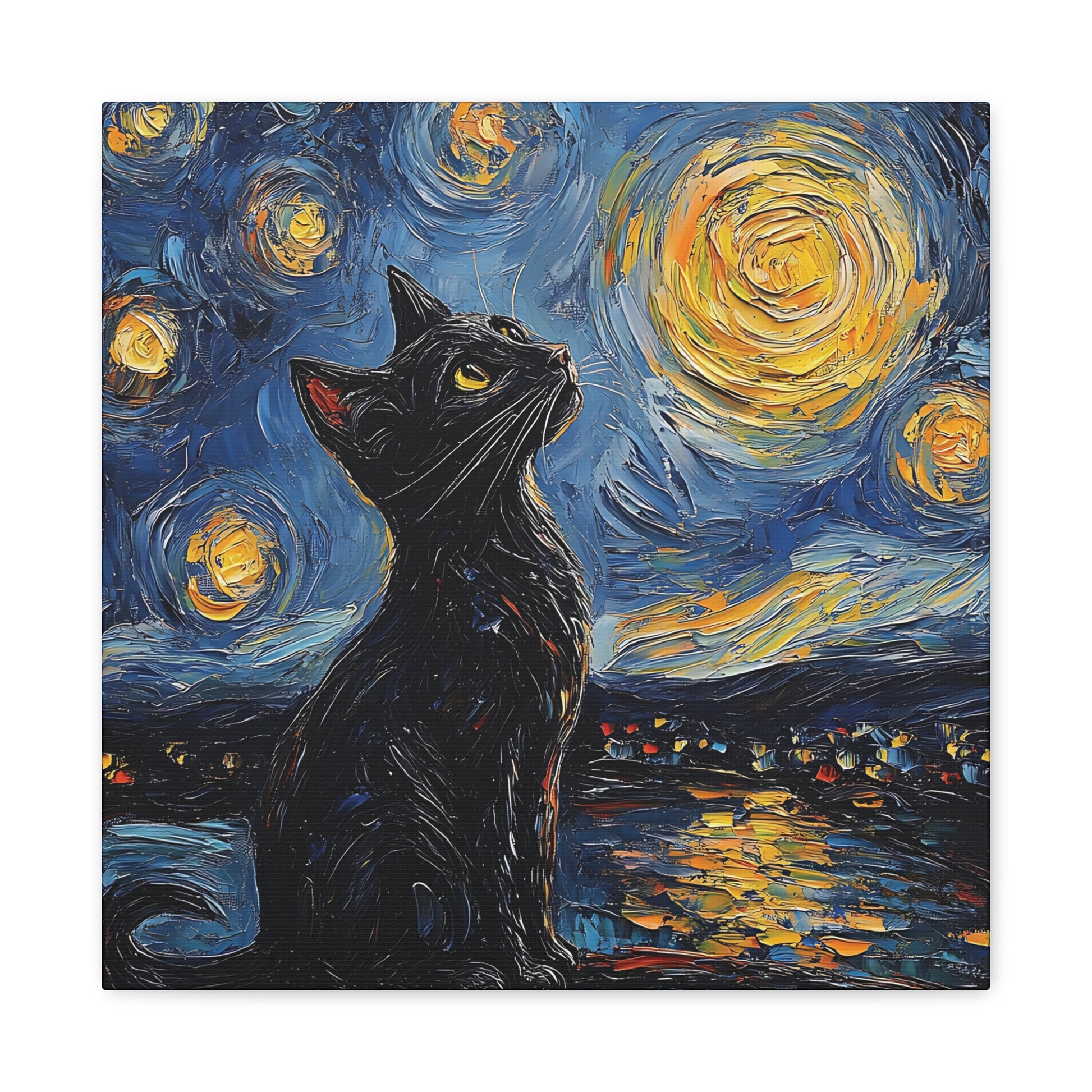 Black Starry Cat Canvas Wall Art Square - Canvasses