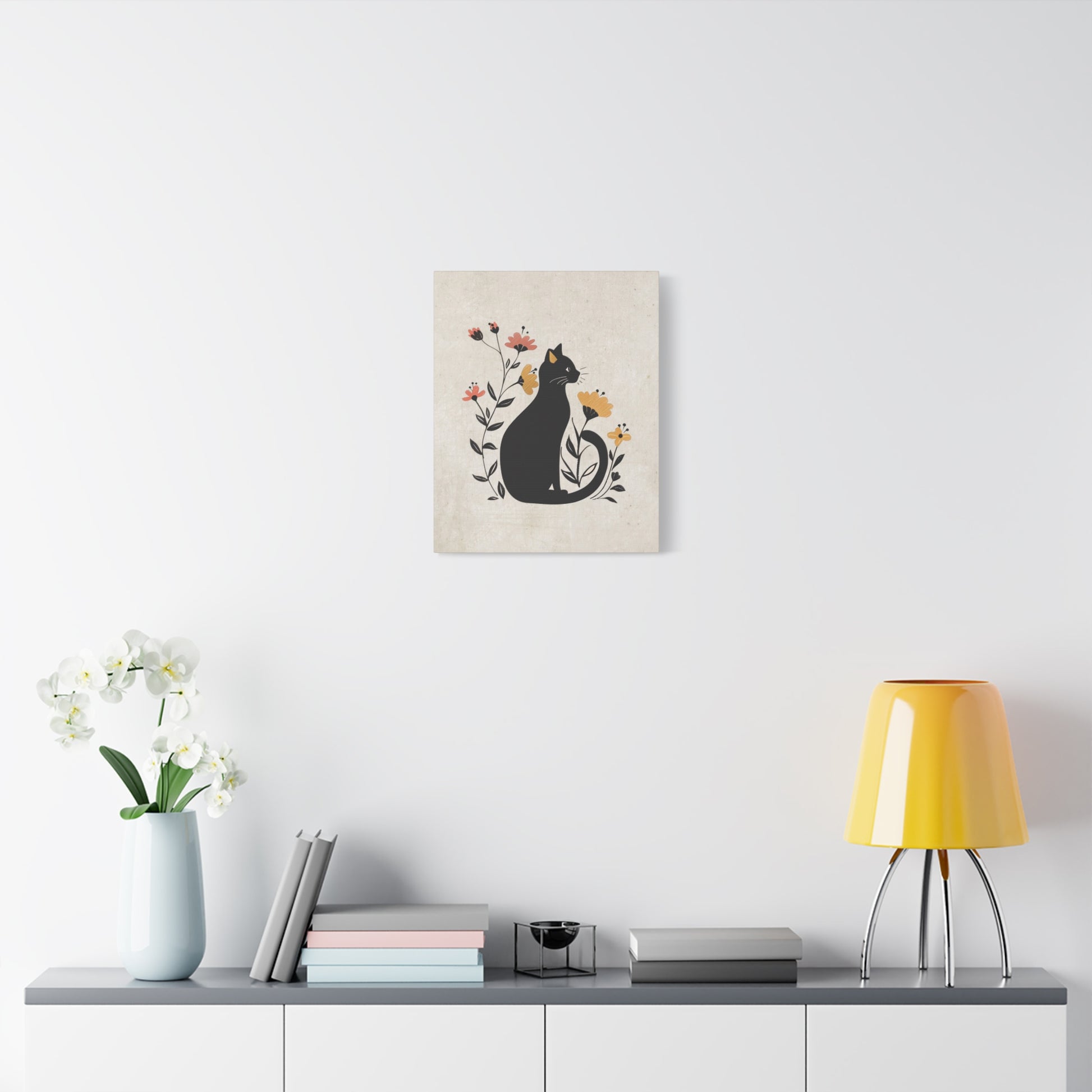 Floral Cat Silhouette Canvas Wall Art Vertical - Canvasses