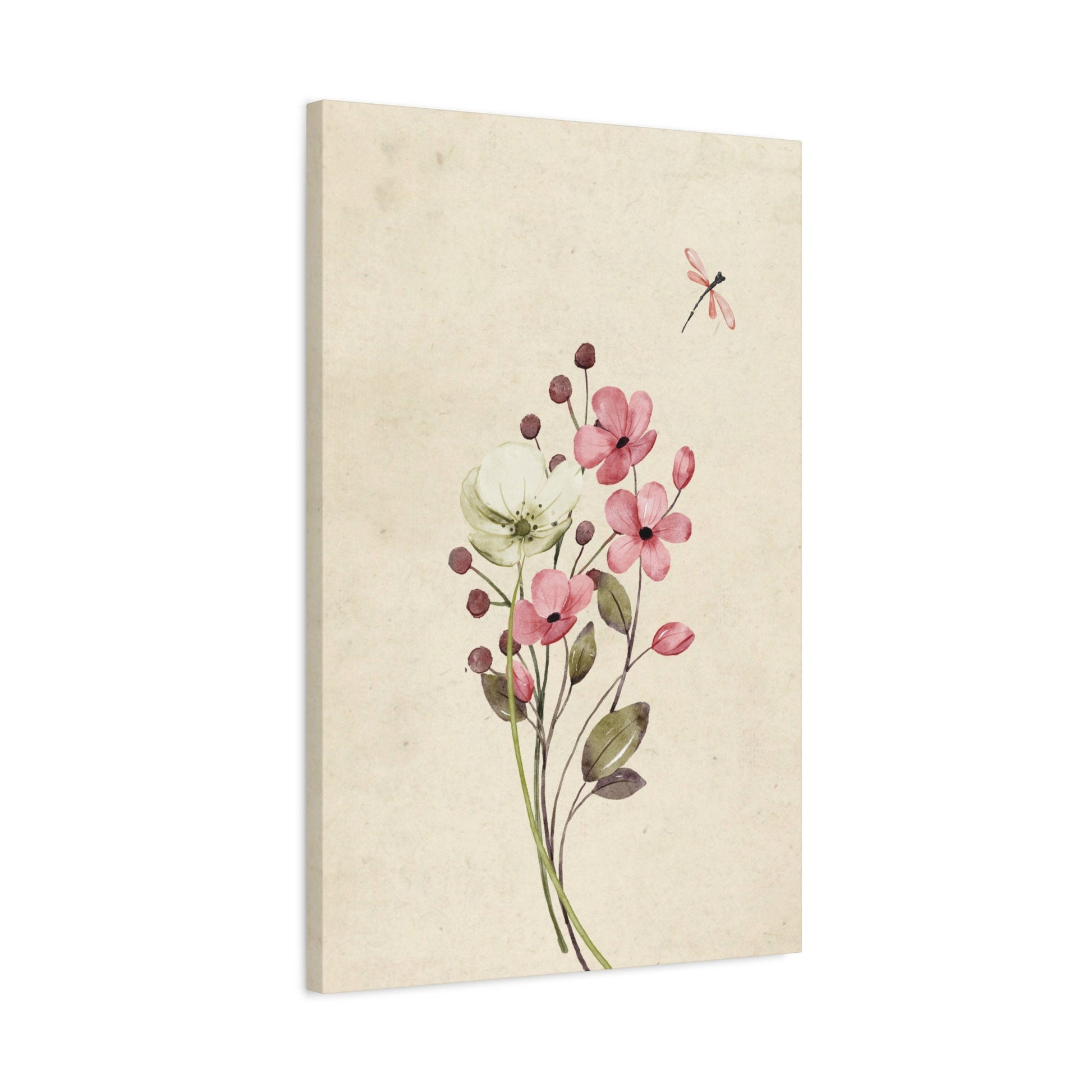 Vintage Wildflower Dragonfly Canvas Wall Art Vertical - Canvasses