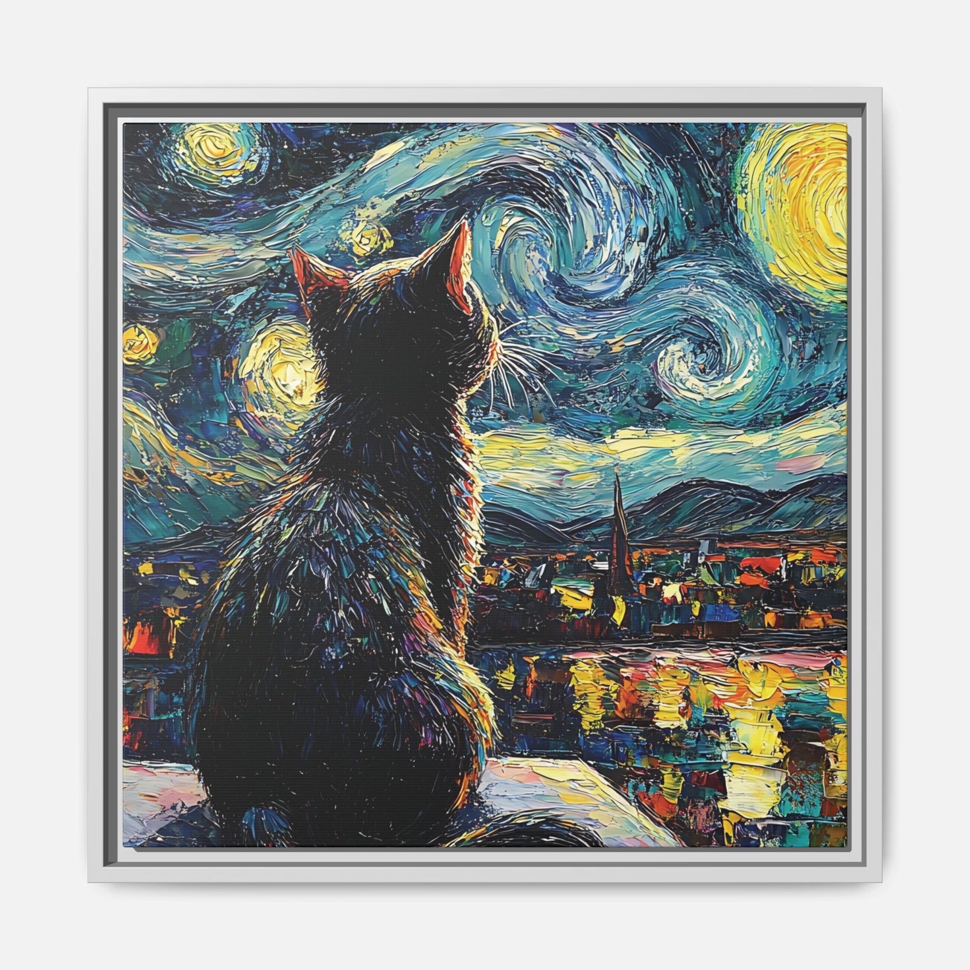 Starry Cat Framed Canvas Wall Art Square - Canvasses