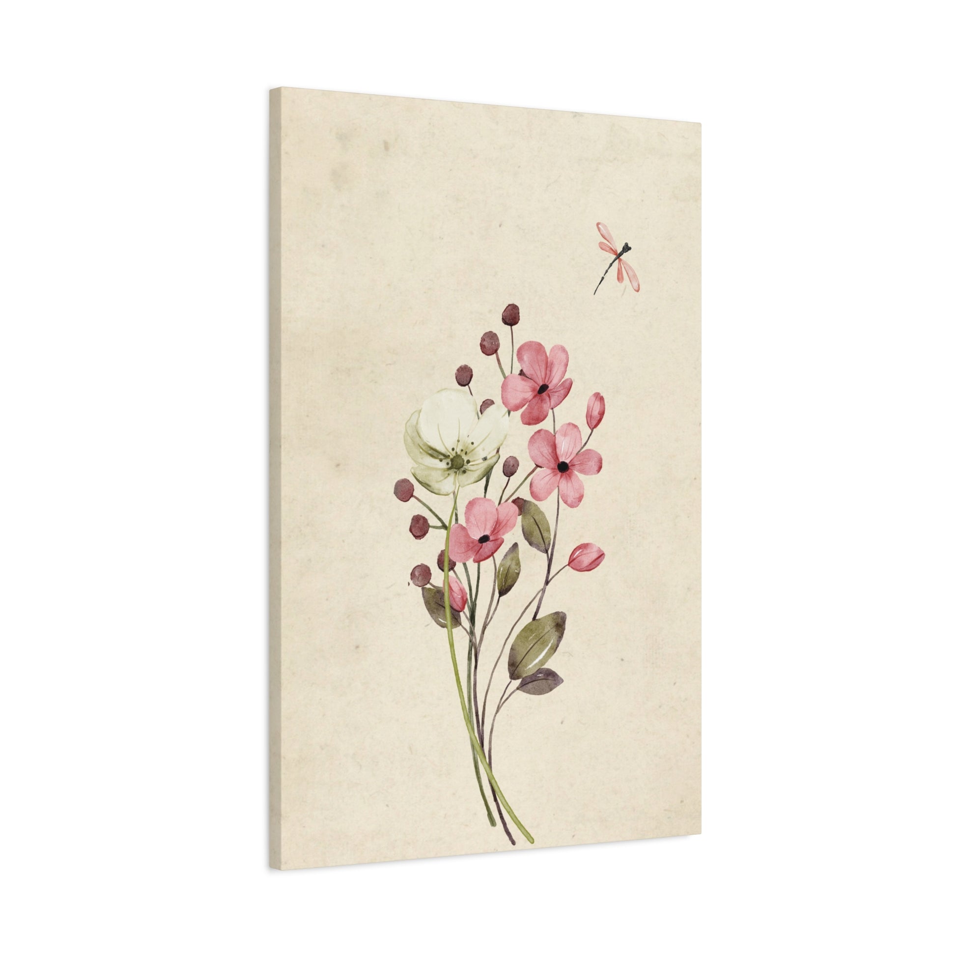 Vintage Wildflower Dragonfly Canvas Wall Art Vertical - Canvasses