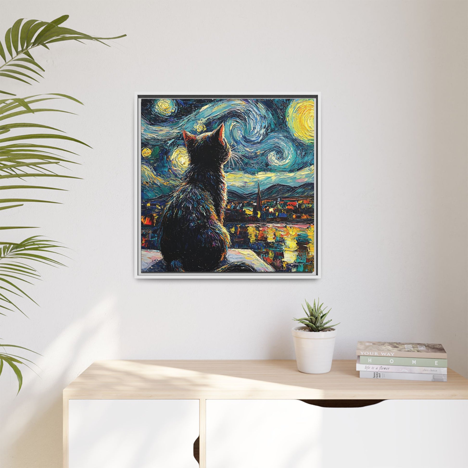 Starry Cat Framed Canvas Wall Art Square - Canvasses