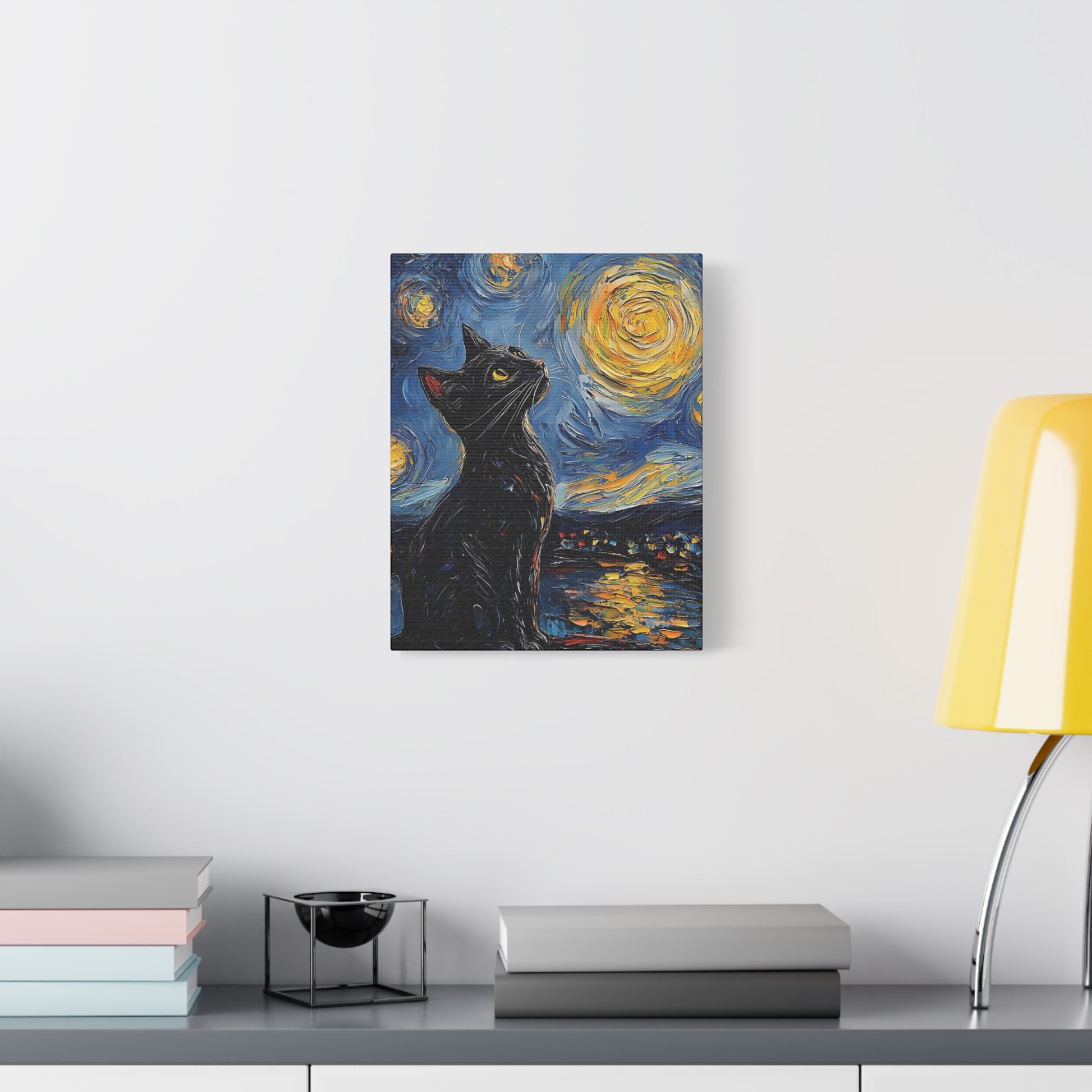 Black Starry Cat Canvas Wall Art Vertical - Canvasses