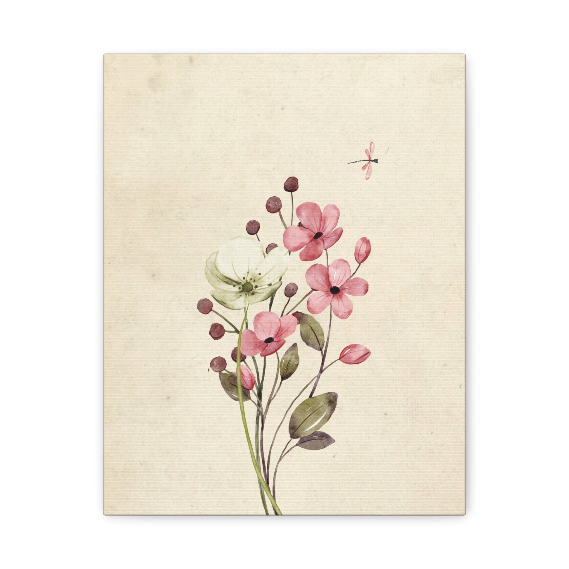 Vintage Wildflower Dragonfly Canvas Wall Art Vertical - Canvasses